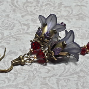 Iridescent Purple Grey & Red Floral Earrings, Flower Earrings, Bohemian Dangle Earrings, Fairy Flower Earrings, Antique Bronze Earrings