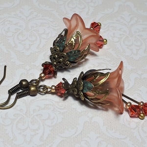 Iridescent Coral Pink Floral Earrings, Flower Earrings, Bohemian Vintage Dangle Earrings, Fairy Flower Earrings, Antique Bronze Earrings