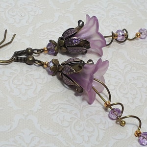 Iridescent Lilac Flower Earrings, Floral Vintage Bronze Earrings, Bohemian Dangle Earrings, Purple Fairy Flower Earrings, Lilac Earrings