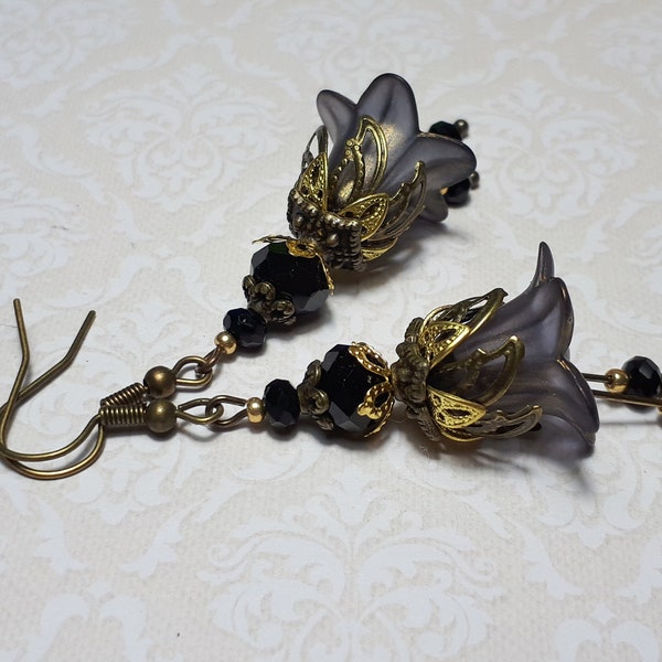 Black and Gold Flower Earrings, Black Earrings, Bohemian Vintage Dangle Earrings, Fairy Flower Earrings, Gift For Her, Jet Crystal Earrings