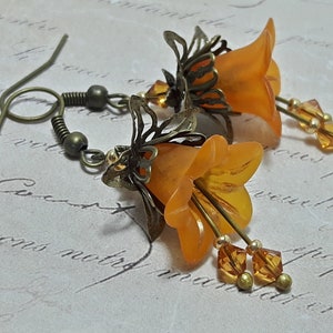 Orange Flower Hippie Earrings, Fairy Earrings, Bohemian Dangle Earrings, Boho Bronze Earrings, Flower Fairy Earrings, Gift For Gardeners,