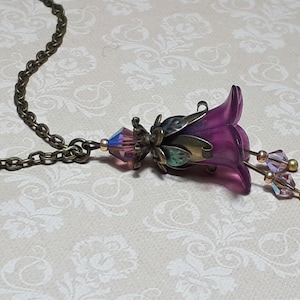 Fairy Necklace, Iridescent Purple & Green Floral Pendant, Vintage Style Flower Charm Jewelry