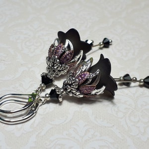 Black & Silver Floral Earrings, Black Faerie Earrings, Vintage Flower Earrings, Fairy Flower Earrings, Black Gothic Earrings, Gift For Her,