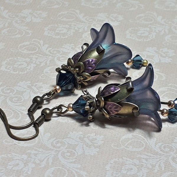 Iridescent Petrol Blue Flower Earrings, Whimsigoth Jewelry, Vintage Style Earrings,