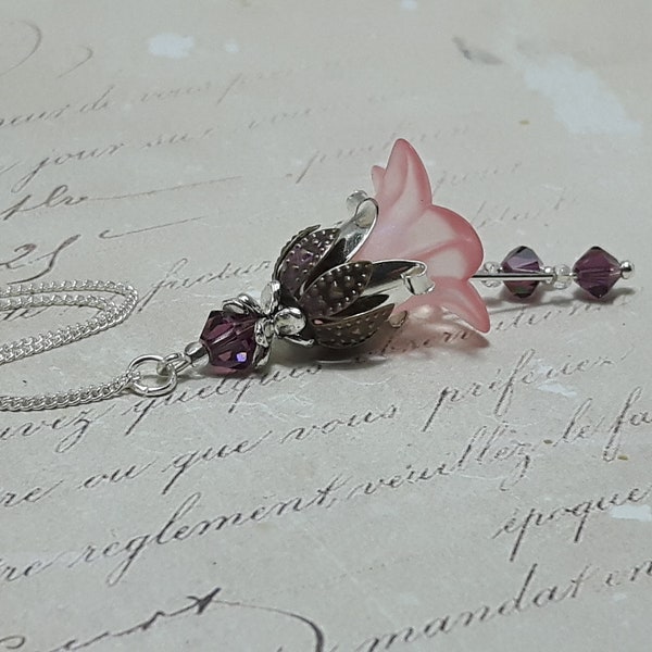 Pink & Amethyst Bell Flower Necklace, Bohemian Floral Pendant, Pink Flower Fairy Charm Necklace, Gift For Her,