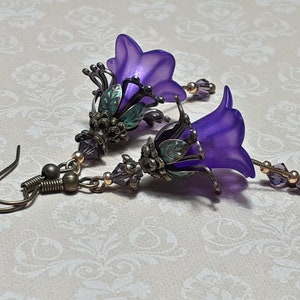 Iridescent Purple Floral Earrings, Flower Earrings, Bohemian Vintage Dangle Earrings, Fairy Flower Earrings, Antique Bronze Earrings,