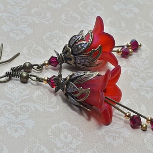 Ruby Red Floral Earrings, Flower Earrings, Bohemian Vintage Dangle Earrings, Fairy Flower Earrings, Gift For Her, Red Earrings,