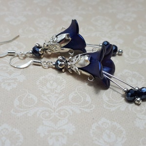 Feminine Flower Dangle Earrings, Navy Blue And Silver Jewelry, Bohemian Vintage Style Fairy Dangles,