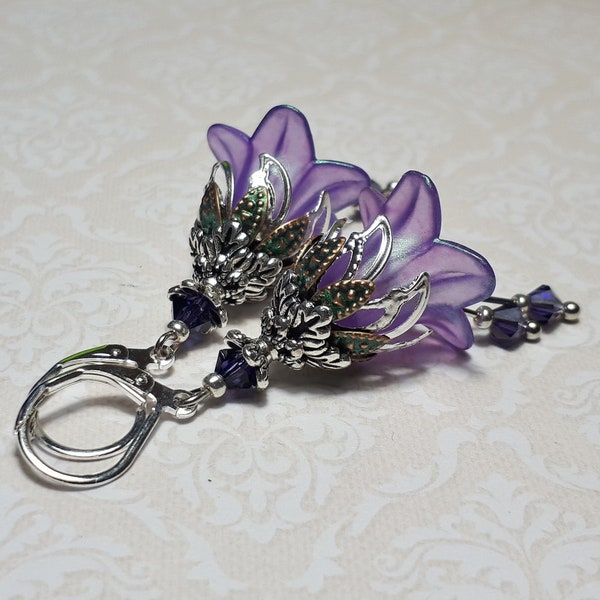 Violet Silver Flower Earrings Purple Faerie Earrings Vintage Boho Flower Jewellery Fairy Flower Earrings Gift Jewellery For Sister