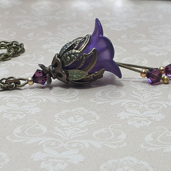 Amethyst Purple Floral Pendant, Flower Charm Necklace, Bohemian Vintage Necklace, Fairy Flower Pendant, Gift For Her, Purple Necklace