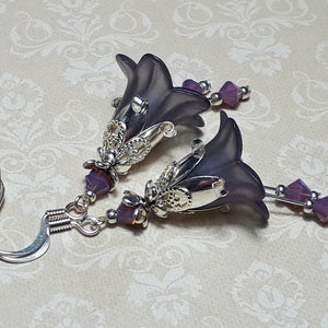 Smoke Grey & Purple Floral Earrings, Flower Earrings, Bohemian Vintage Dangle Earrings, Fairy Flower Earrings, Iridescent Earrings