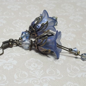 Blue Vintage Style Floral Earrings, Antique Bronze Flower Earrings with Crystals, Pale Blue Fairy Flower Earrings,