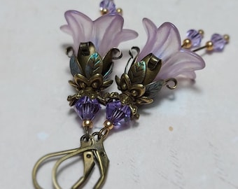 Iridescent Lilac Flower Drop Earrings, Bohemian Floral Dangles, Vintage Style Fairy Jewelry