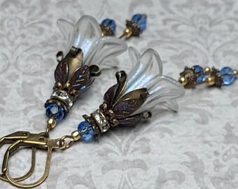 Whimsical White Lucite Flower Earrings, Antique Bronze Jewelry, Fairycore Floral Style