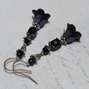 Whimsical Gothic Black Drop Earrings. Black Lucite flower Earrings, Dark Fairy Jewellery, Bronze Silver Jewelry, Gothic Gift For Her.