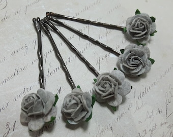 Grey Rose Hair Grips, Wedding Floral Hair Clips, Set of 5