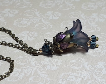Iridescent Petrol Blue Vintage Necklace, Floral Charm Pendant, Bohemian, Flower Fairy Jewelry