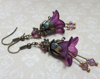 Iridescent Purple & Green Floral Earrings, Flower Earrings, Bohemian Vintage Dangle Earrings, Fairy Flower Earrings, Antique Bronze Earrings