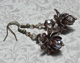 Waterlily Floral Earrings, Antique Bronze Flower Jewelry, Bohemian Vintage Style Dangles, Fairy Flowers,