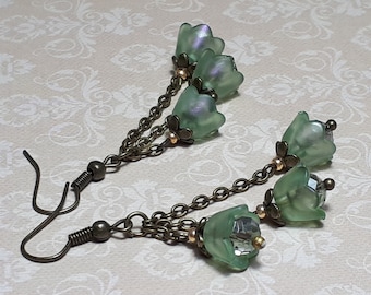 Iridescent Green Earrings, Flower Earrings, Bohemian Vintage Dangle Earrings, Fairy Flower Earrings, Bronze Earrings, Sage Green Earrings