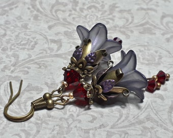 Iridescent Purple Grey & Red Floral Earrings, Flower Earrings, Bohemian Dangle Earrings, Fairy Flower Earrings, Antique Bronze Earrings