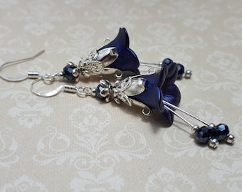 Feminine Flower Dangle Earrings, Navy Blue And Silver Jewelry, Bohemian Vintage Style Fairy Dangles,