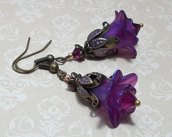 Fuscia & Purple Floral Earrings, Flower Earrings, Bohemian Vintage Dangle Earrings, Fairy Flower Earrings, Gift For Her, Fuscia Earrings