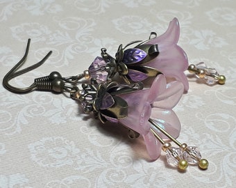 Pink Green Shimmer Floral Earrings, Fairy Flower Jewelry Vintage Style, Bohemian Romantic Crystal Dangles