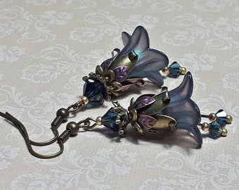 Iridescent Petrol Blue Flower Earrings, Whimsigoth Jewelry, Vintage Style Earrings,