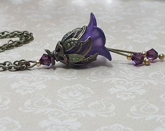 Amethyst Purple Flower Charm Necklace, Bohemian Vintage Style Necklace, Antique Bronze