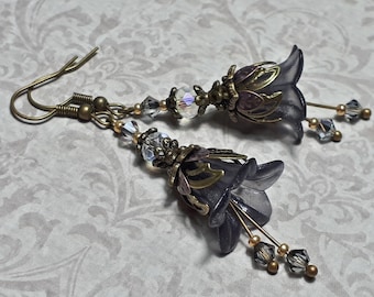 Grey Vintage Style Drop Flower Earrings, Bronze Fantasy Floral Jewellery, Fairy Flower Dangles,