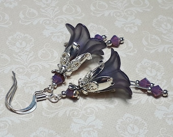 Fairy Flower Earrings, Grey & Purple Floral Dangles, Vintage Style Antique Silver Jewelry
