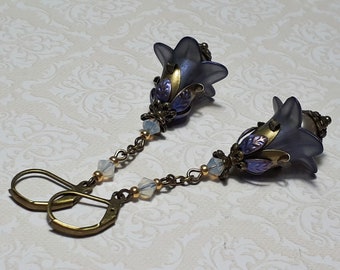 Whimsigoth Purple Grey Flower Earrings, Long Drop Silver Dangles, Art Nouveau Style,