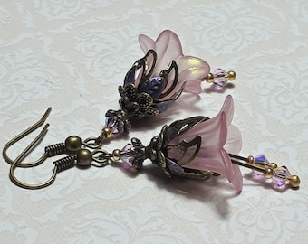 Iridescent Pink Floral Earrings, Flower Earrings, Bohemian Vintage Dangle Earrings, Fairy Flower Earrings, Antique Bronze Earrings