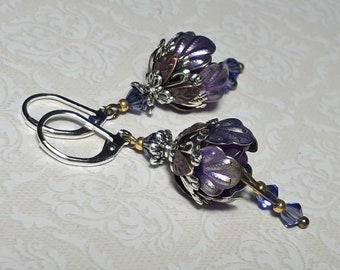 Pendientes de peonía morada, colgantes de plata únicos y románticos con motivos botánicos, joyería de estilo antiguo.