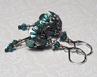 Peony Flower Earrings Teal, Unique Romantic Botanical Silver Dangles, Antique Style Jewellery
