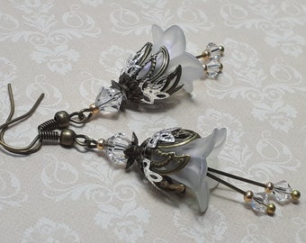 White Floral Earrings, Flower Earrings, Bohemian Vintage Dangle Earrings, Fairy Flower Earrings, Gift For Her, White Earrings