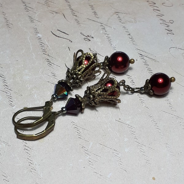 Antique Bronze Vintage Style Pearl Earrings, Red Pearl Earrings, Garnet Red Victorian Inspired Earrings, Bohemian Dangle Earrings,