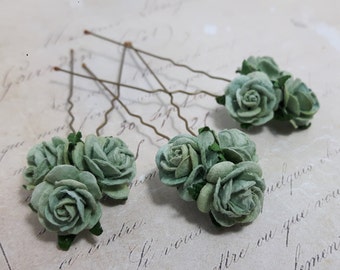 5 Bridal Wedding Green Rose Hair Pins Clips Grips handmade 5 Bridal Wedding Green Rose Hair Pins Clips Grips handmade