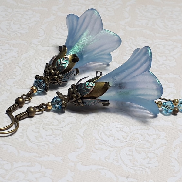 Aqua Lily Flower Earrings, Antique Bronze Earrings, Flower Fairy Earrings, Aquamarine Vintage Floral Earrings, Blue Green Drop Earrings,