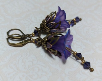 Violet Floral Earrings, Purple Flower Earrings, Bohemian Vintage Dangle Earrings, Fairy Flower Earrings, Gift For Her, Purple Earrings,