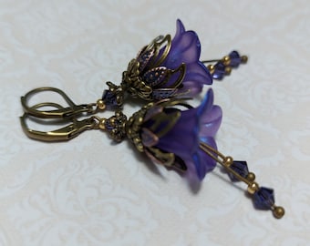 Violet Purple Whimsigoth Floral Earrings, Bronze Bohemian Vintage Style, Fairy Flower Jewelry,