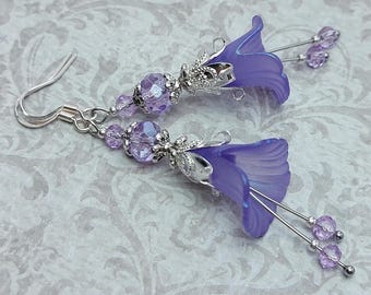 Purple Silver Filigree Earrings, Vintage Style Fluted Flower Dangles, Crystal Fairycore Jewelry