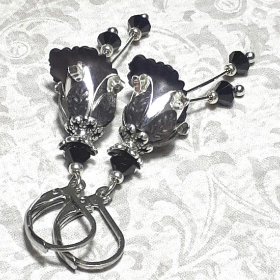 Dark Fairy Flower Earrings With Black Crystal, Whimsigoth, Vintage Style Bronze Dangles