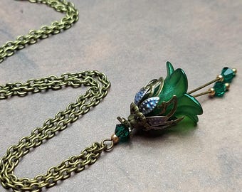 Green Floral Pendant, Emerald Crystal Flower Charm Necklace, Vintage Style Fairy Jewellery