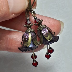 Dark Fairy Flower Earrings With Red Crystal, Whimsigoth, Vintage Style Bronze Dangles