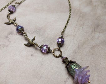 Lilac Vintage Style Asymmetric Necklace, Fairycore Necklace with Birds Bronze,