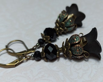 Vintage Style Gothic Earrings, Black Bronze, Dark Academia Flower Dangles, Jet Crystal Jewelry