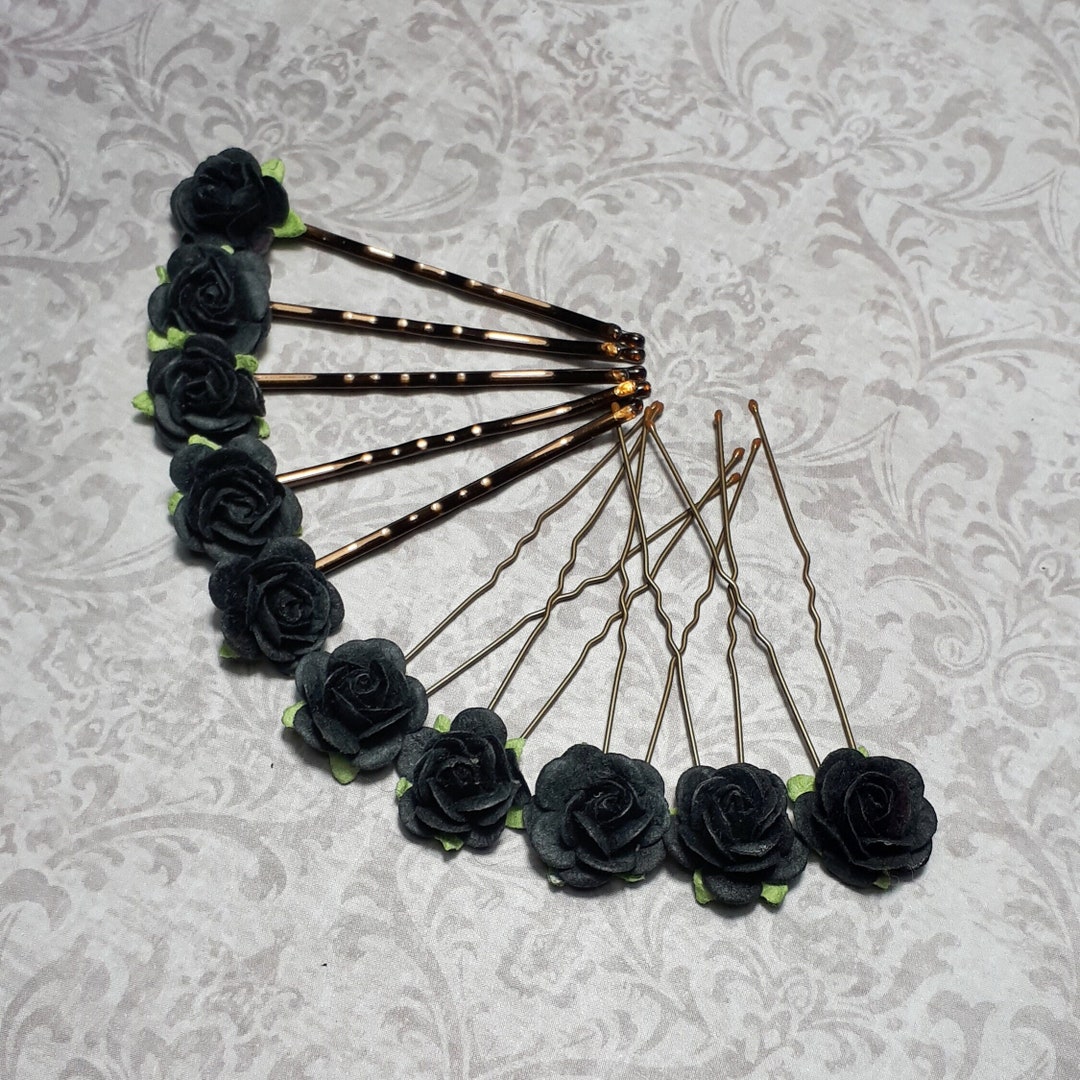 Black Flower Hair Pins, Gothic Wedding Hair Accessories, Bridesmaid