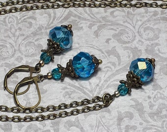 Blue Vintage Style Crystal Jewellery Set, Victorian Inspired Earrings and Necklace, Antique Bronze Accessories,